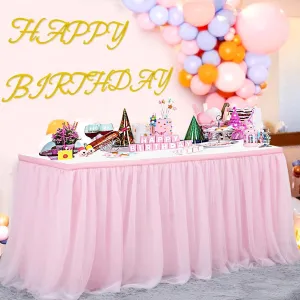 72in Baby Pink Tulle Table Skirts for Rectangle Tables 6ft 4ft, 2-Layer 6 ft Long Gold Grim Princess Pink Ruffle Tulle Tutu Table Skirt Cloth for Girl Birthday Baby Cake Dessert(No Table Cover)