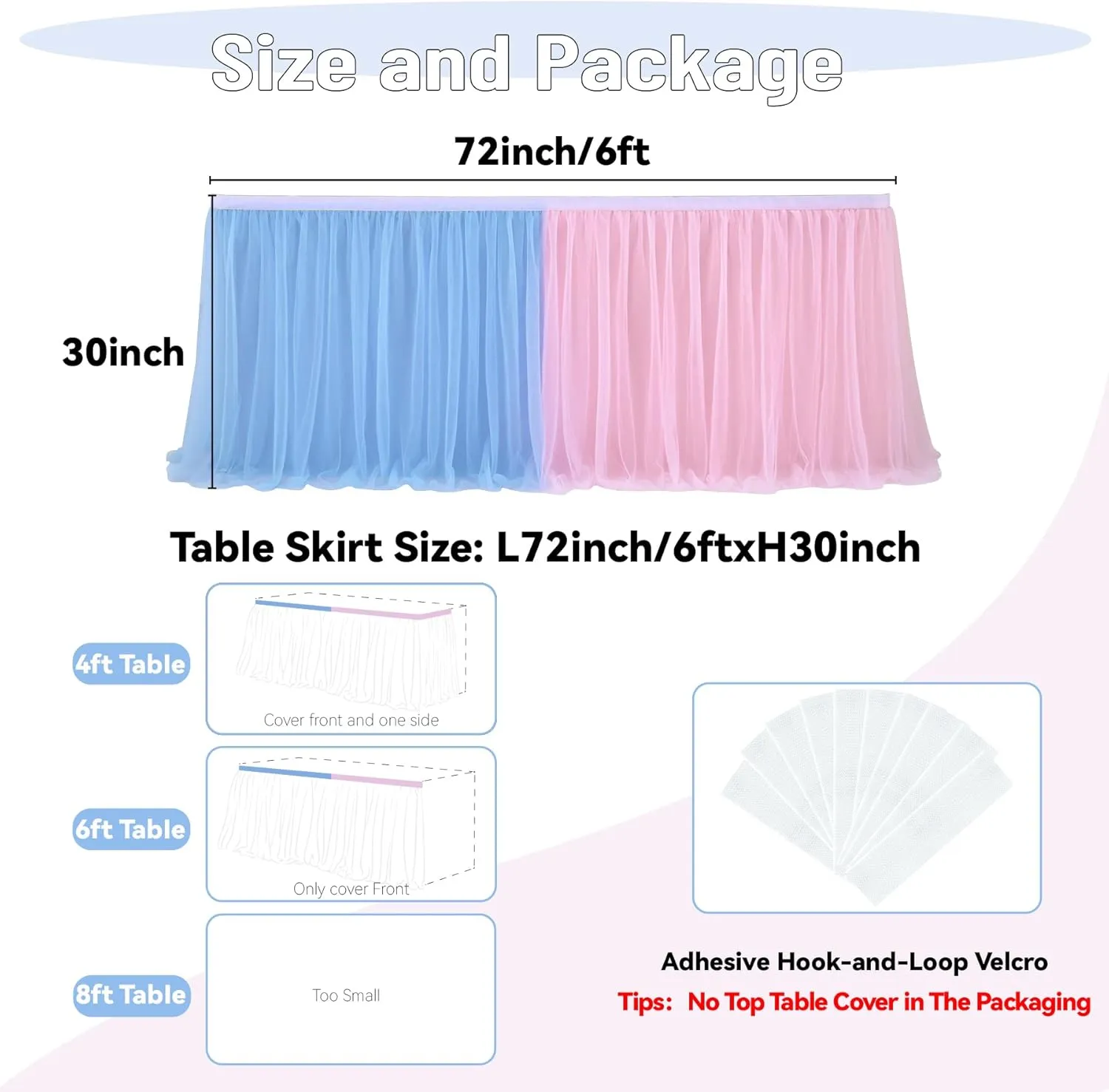 72in Blue Pink Tulle Table Skirts for Rectangle Tables 6/4ft, 2-Layer Gold Grim Ruffle Gender Reveal Tulle Tutu Cloth Table Skirt 6ft for Birthday Party Baby Shower Cake Dessert(No Table Cover)