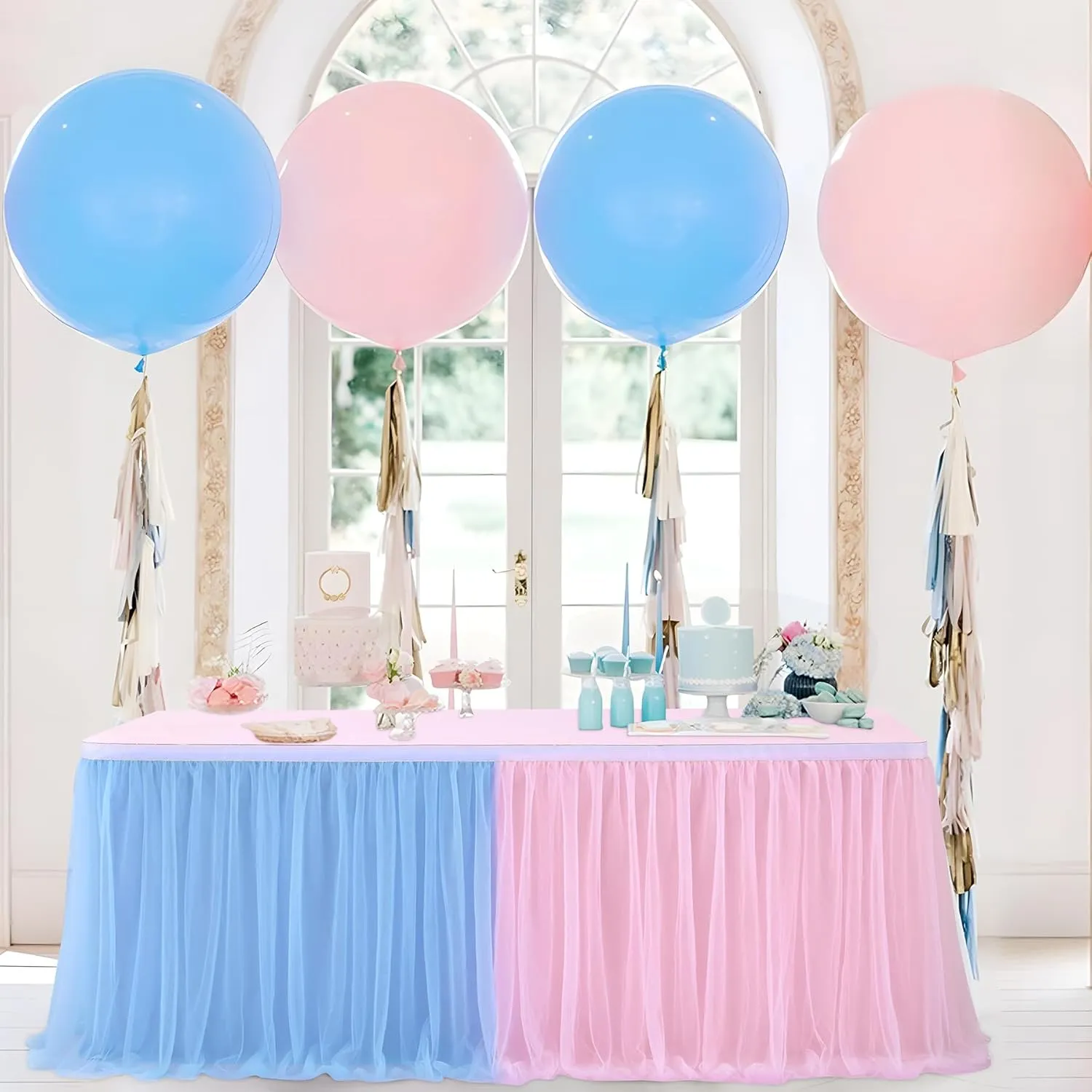 72in Blue Pink Tulle Table Skirts for Rectangle Tables 6/4ft, 2-Layer Gold Grim Ruffle Gender Reveal Tulle Tutu Cloth Table Skirt 6ft for Birthday Party Baby Shower Cake Dessert(No Table Cover)