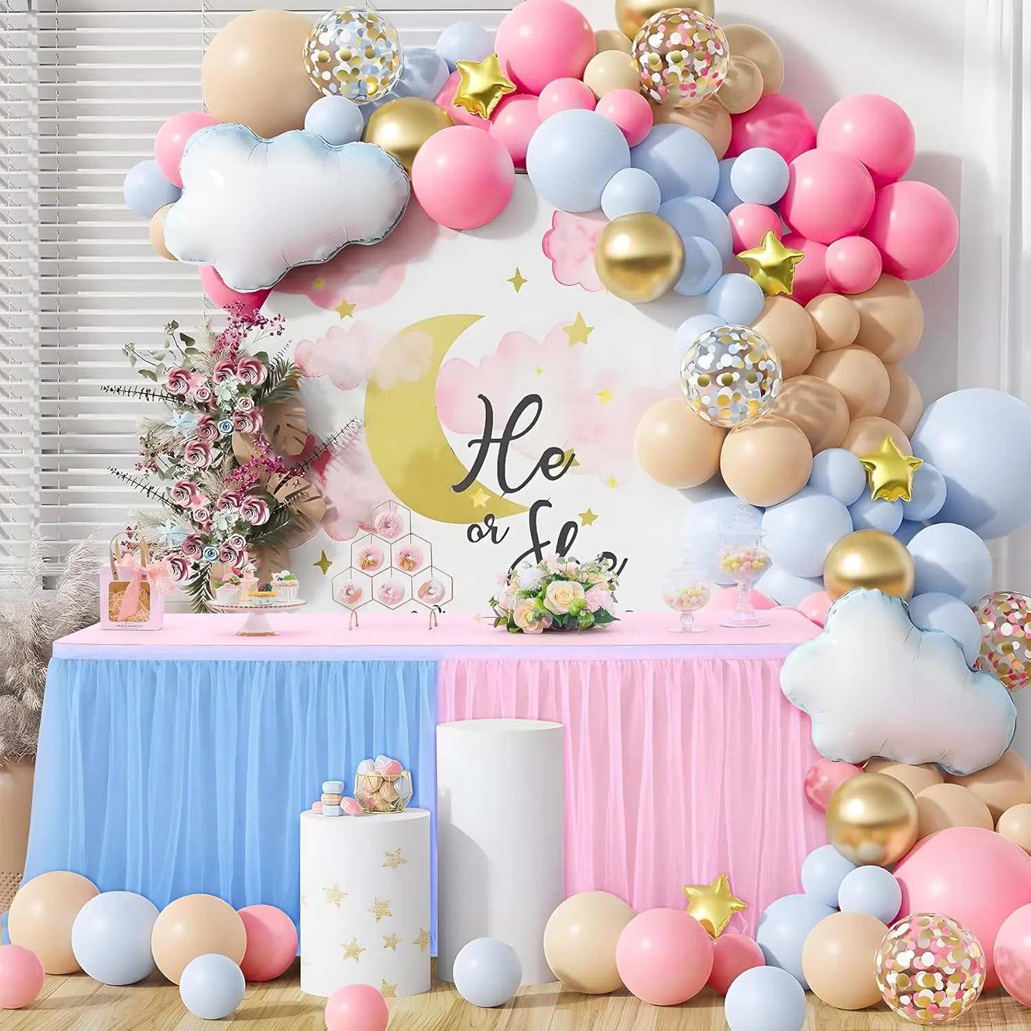 72in Blue Pink Tulle Table Skirts for Rectangle Tables 6/4ft, 2-Layer Gold Grim Ruffle Gender Reveal Tulle Tutu Cloth Table Skirt 6ft for Birthday Party Baby Shower Cake Dessert(No Table Cover)