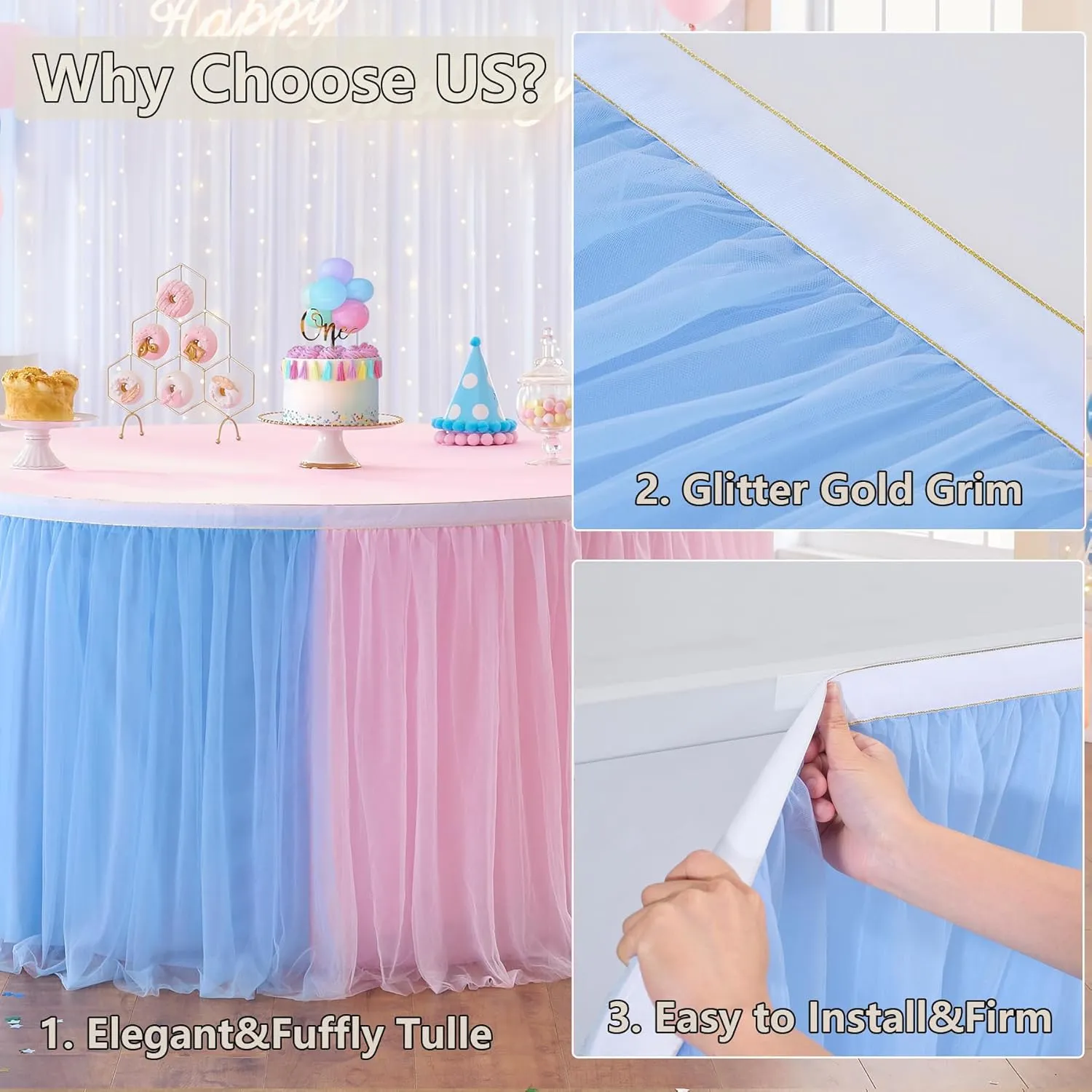 72in Blue Pink Tulle Table Skirts for Rectangle Tables 6/4ft, 2-Layer Gold Grim Ruffle Gender Reveal Tulle Tutu Cloth Table Skirt 6ft for Birthday Party Baby Shower Cake Dessert(No Table Cover)