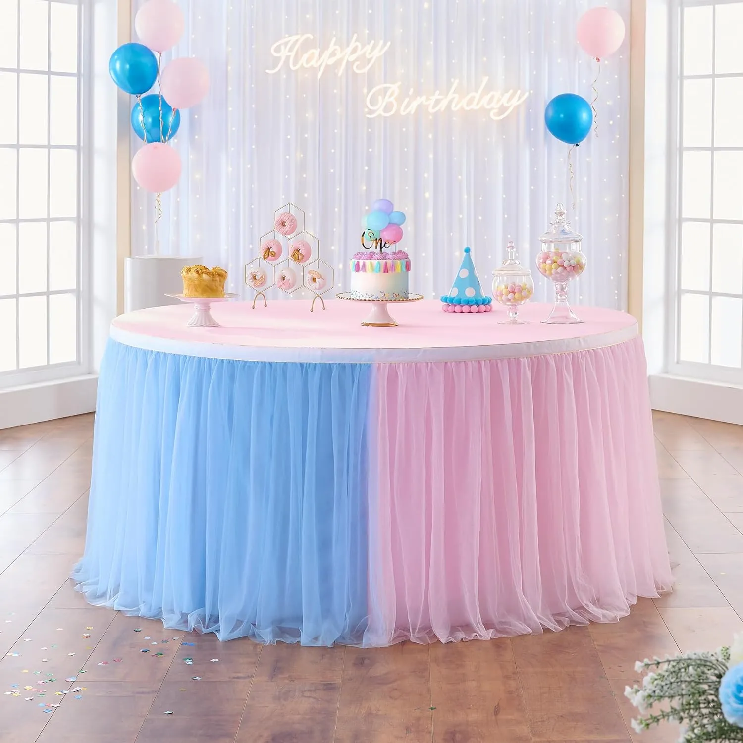 72in Blue Pink Tulle Table Skirts for Rectangle Tables 6/4ft, 2-Layer Gold Grim Ruffle Gender Reveal Tulle Tutu Cloth Table Skirt 6ft for Birthday Party Baby Shower Cake Dessert(No Table Cover)