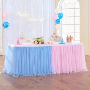 72in Blue Pink Tulle Table Skirts for Rectangle Tables 6/4ft, 2-Layer Gold Grim Ruffle Gender Reveal Tulle Tutu Cloth Table Skirt 6ft for Birthday Party Baby Shower Cake Dessert(No Table Cover)