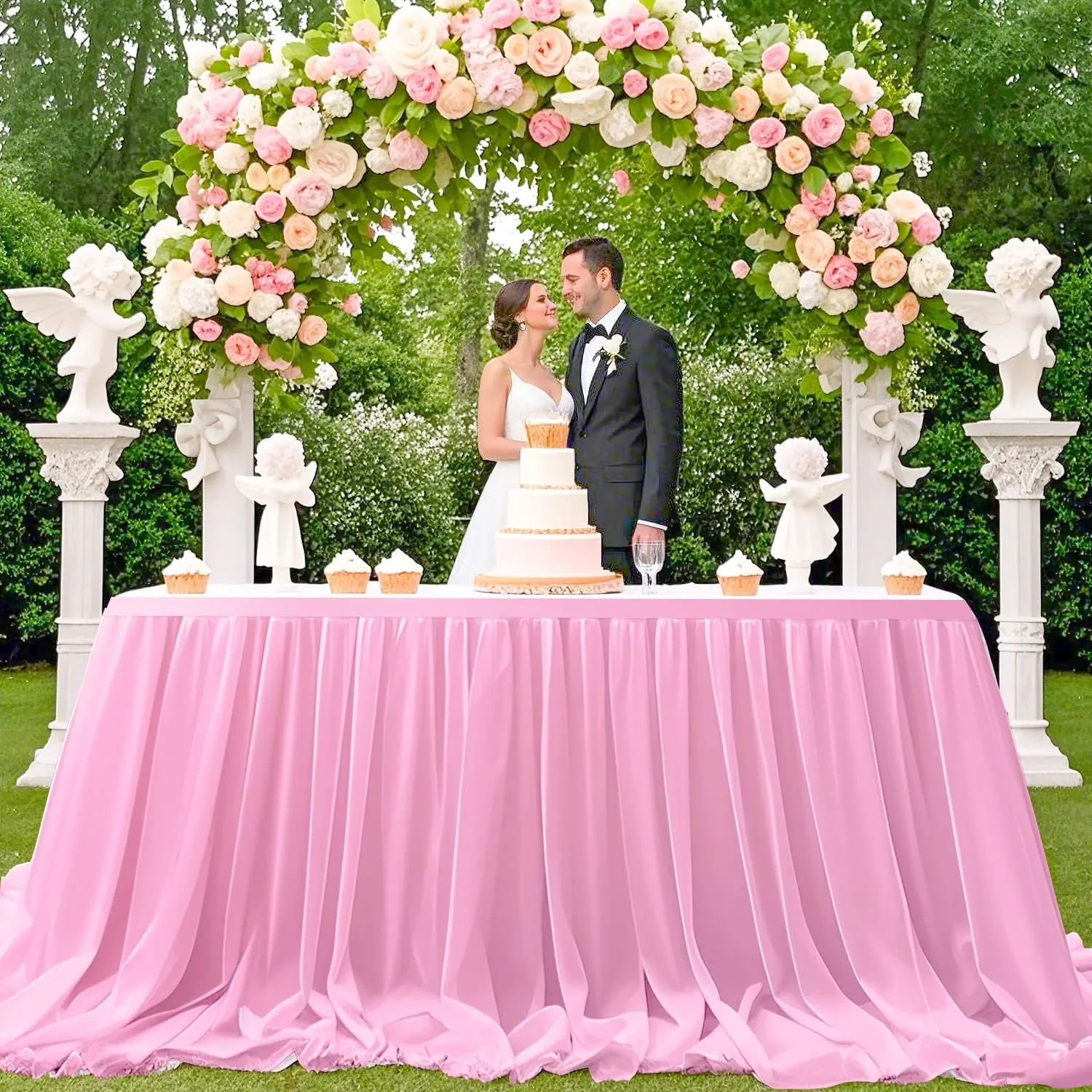 9ft Table Skirt Pink Chifffon Table Skirts Double Layer Table Cloth Skirt Ruffle Tulle Table Skirting Chiffon Table Cover Sheer Pleated Table Skirt for Wedding Birthday Party Baby Shower