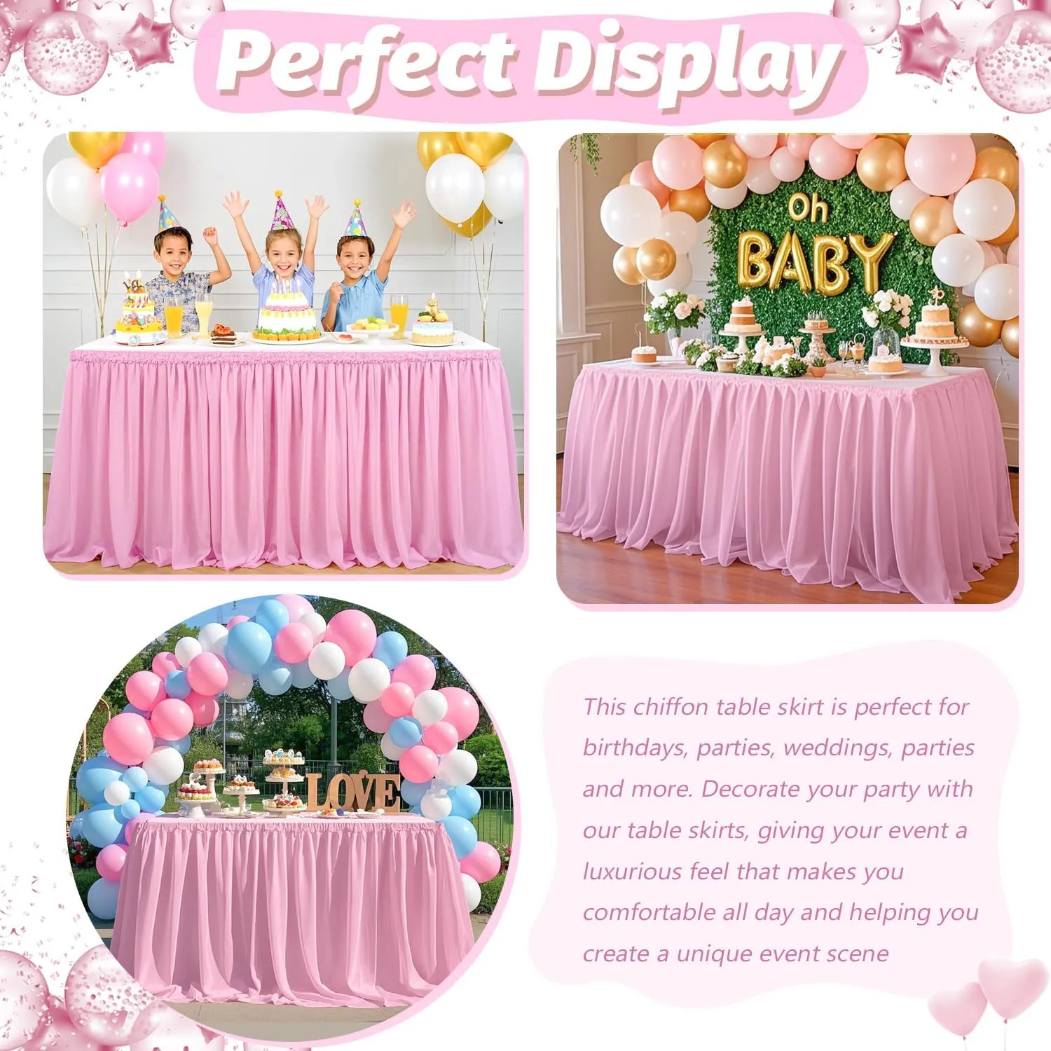 9ft Table Skirt Pink Chifffon Table Skirts Double Layer Table Cloth Skirt Ruffle Tulle Table Skirting Chiffon Table Cover Sheer Pleated Table Skirt for Wedding Birthday Party Baby Shower