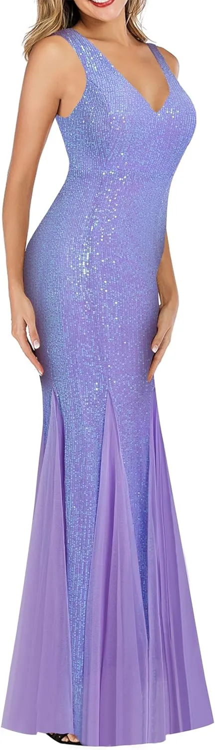 A ARFAR Women Sequin Dress Tulle Party Dress for Women Sexy V-Neck Dress Formal Long Dresses Evening Prom Gowns