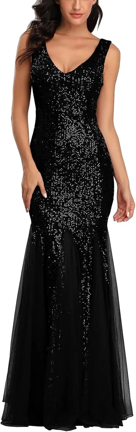 A ARFAR Women Sequin Dress Tulle Party Dress for Women Sexy V-Neck Dress Formal Long Dresses Evening Prom Gowns