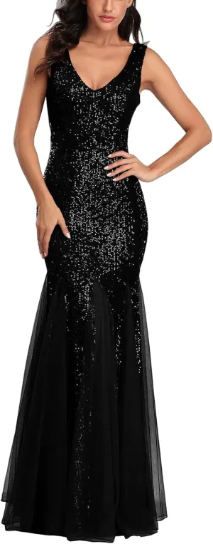 A ARFAR Women Sequin Dress Tulle Party Dress for Women Sexy V-Neck Dress Formal Long Dresses Evening Prom Gowns