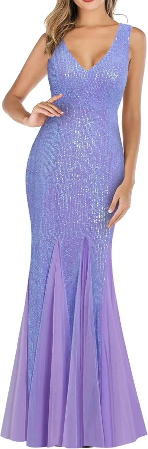 A ARFAR Women Sequin Dress Tulle Party Dress for Women Sexy V-Neck Dress Formal Long Dresses Evening Prom Gowns