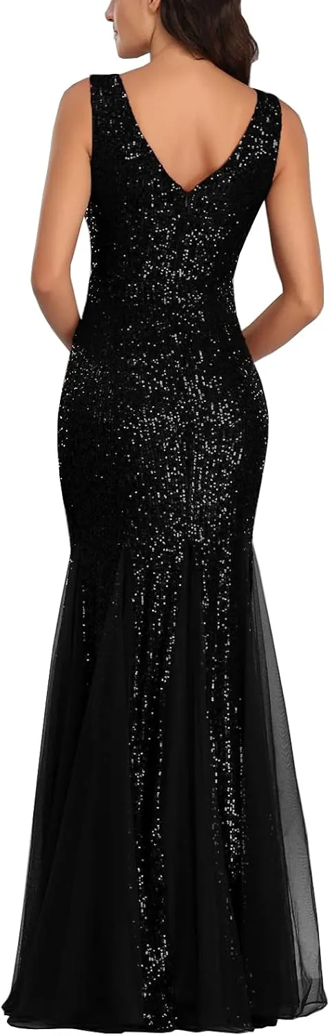 A ARFAR Women Sequin Dress Tulle Party Dress for Women Sexy V-Neck Dress Formal Long Dresses Evening Prom Gowns