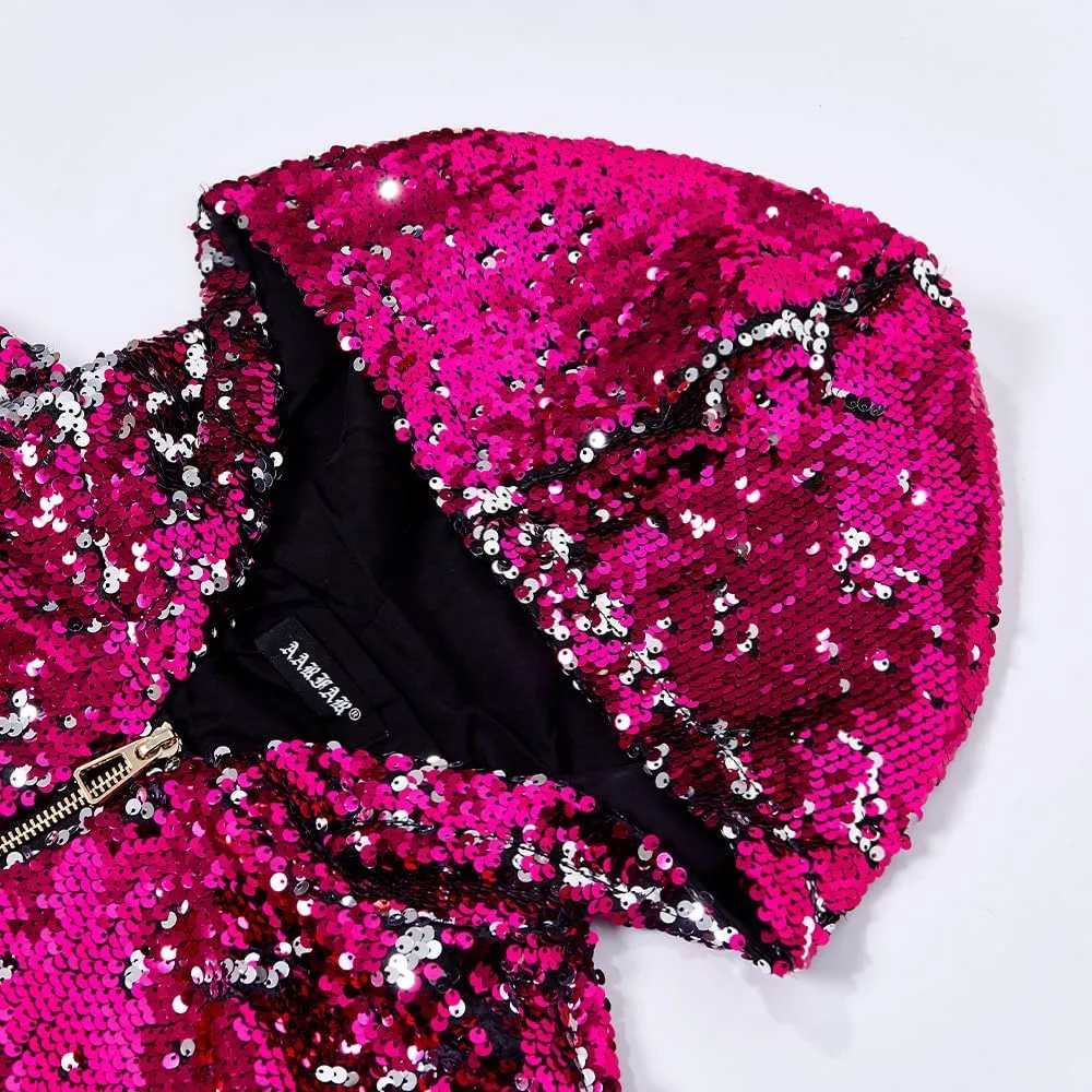 A ARFAR Women Sequin Jackets Flip Glitter Varsity Hooded Sparkly Coat Party Outwear Ladies Shiny Cloth