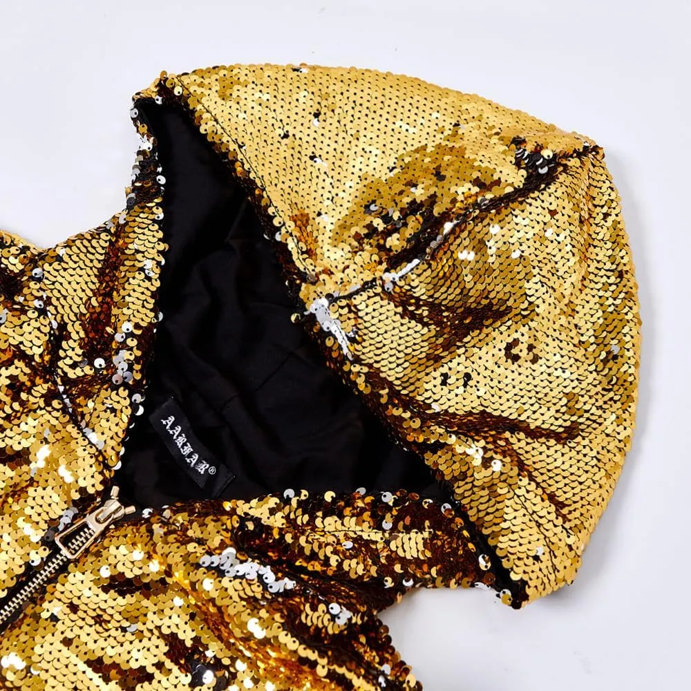 A ARFAR Women Sequin Jackets Flip Glitter Varsity Hooded Sparkly Coat Party Outwear Ladies Shiny Cloth