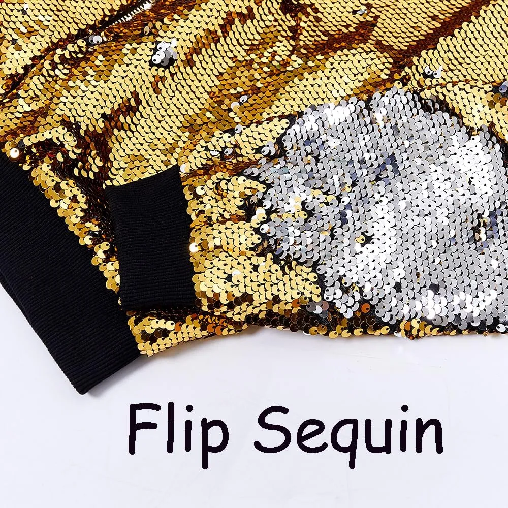 A ARFAR Women Sequin Jackets Flip Glitter Varsity Hooded Sparkly Coat Party Outwear Ladies Shiny Cloth
