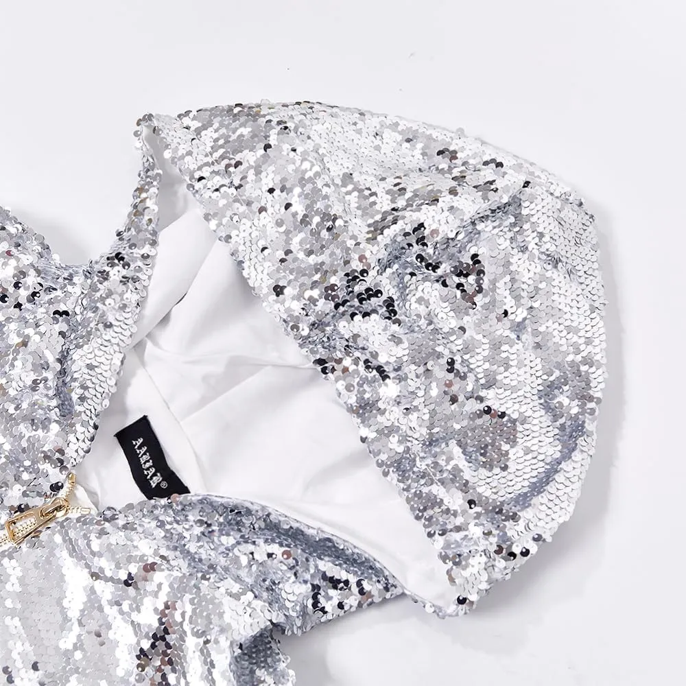 A ARFAR Women Sequin Jackets Flip Glitter Varsity Hooded Sparkly Coat Party Outwear Ladies Shiny Cloth