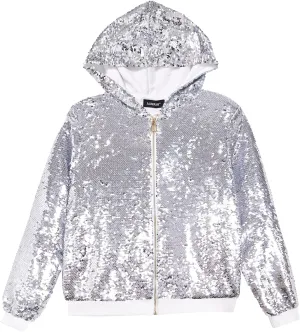 A ARFAR Women Sequin Jackets Flip Glitter Varsity Hooded Sparkly Coat Party Outwear Ladies Shiny Cloth