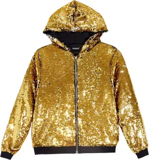 A ARFAR Women Sequin Jackets Flip Glitter Varsity Hooded Sparkly Coat Party Outwear Ladies Shiny Cloth