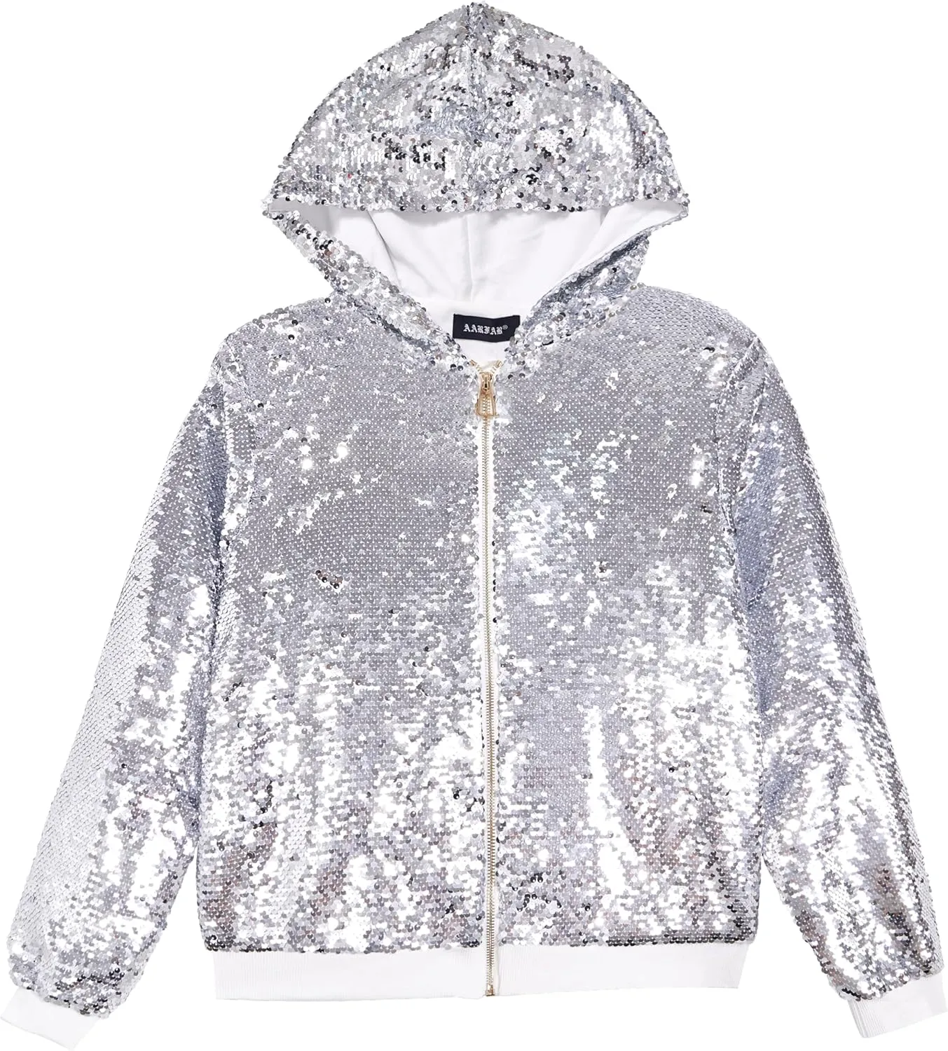 A ARFAR Women Sequin Jackets Flip Glitter Varsity Hooded Sparkly Coat Party Outwear Ladies Shiny Cloth