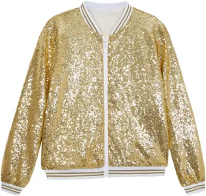 A ARFAR Women Sequin Jackets Striped Collar Glitter Varsity Bomber Sparkly Coat Party Outwear Lightweight Ladies Cloth