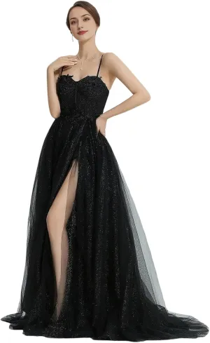 A-Line Black Prom Dress Glittering Gown Floor Length Sleeveless Sweetheart Tulle Long Formal Dresses