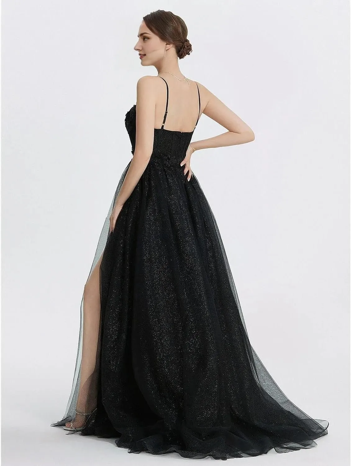 A-Line Black Prom Dress Glittering Gown Floor Length Sleeveless Sweetheart Tulle Long Formal Dresses
