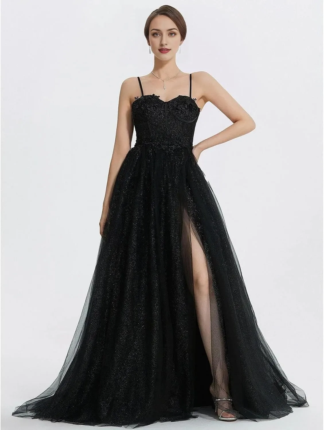 A-Line Black Prom Dress Glittering Gown Floor Length Sleeveless Sweetheart Tulle Long Formal Dresses