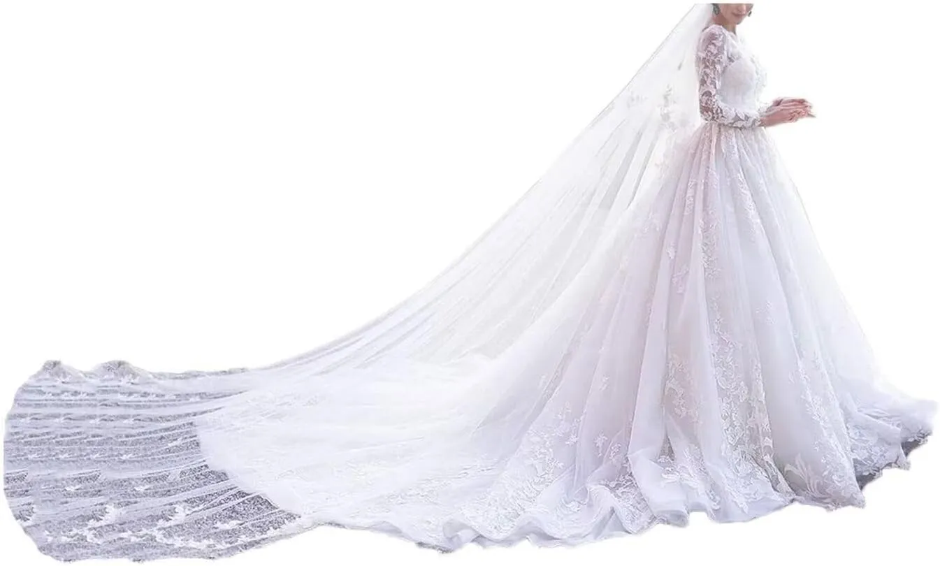 A-line Long Sleeves Wedding Dresses for Brides 2025 Lace Appliqued Princess Scoop Neck Bridal Gowns with Sweep Train