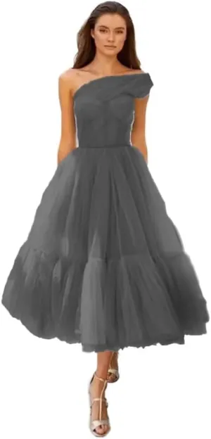 A-line Pleated Tulle Homecoming Dress for Women, Tea Length Sweetheart Prom Dresses Wedding Party Dress