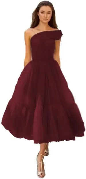 A-line Pleated Tulle Homecoming Dress for Women, Tea Length Sweetheart Prom Dresses Wedding Party Dress
