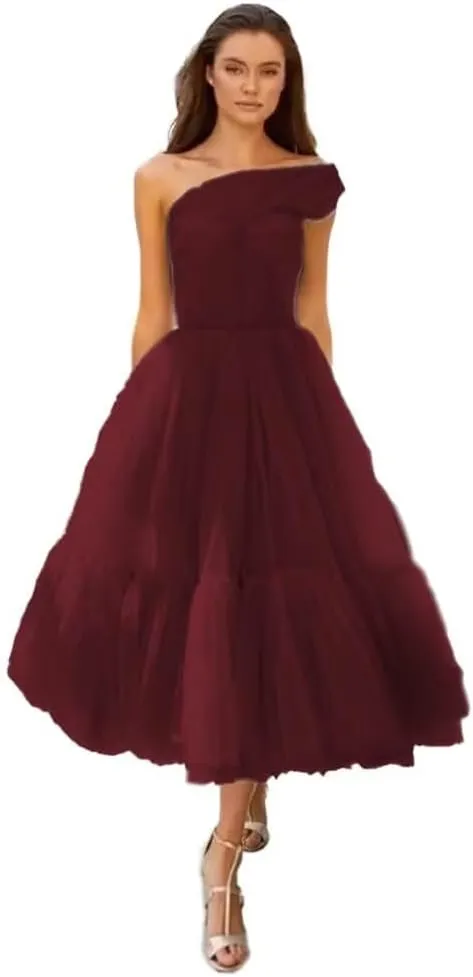 A-line Pleated Tulle Homecoming Dress for Women, Tea Length Sweetheart Prom Dresses Wedding Party Dress