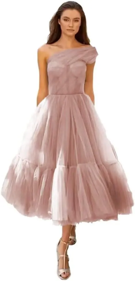A-line Pleated Tulle Homecoming Dress for Women, Tea Length Sweetheart Prom Dresses Wedding Party Dress