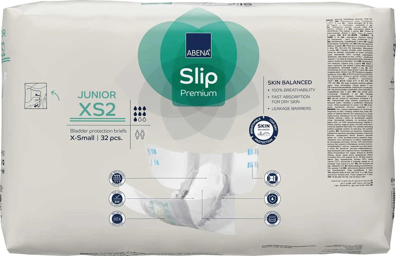 Abena Hypoallergenic Slip Junior Premium Incontinence Briefs, for Juniors Aged 5-15, Eco-Labeled, Level 2, 32 Count