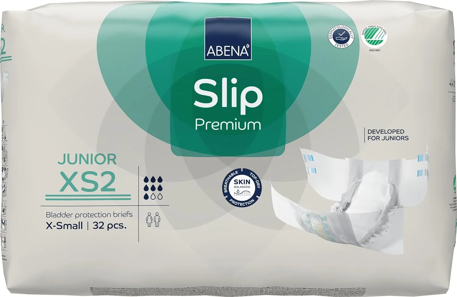 Abena Hypoallergenic Slip Junior Premium Incontinence Briefs, for Juniors Aged 5-15, Eco-Labeled, Level 2, 32 Count