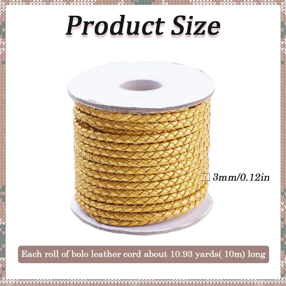 About 11 Yards 3MM Gold Round Braided Leather Cord Genuine Real Cowhide String Bolo Leather Strips Bulk Rolls with Spool for Jewelry Making Crafts Headbands Shoelace Bracelet Necklaces DIY