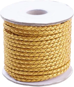 About 11 Yards 3MM Gold Round Braided Leather Cord Genuine Real Cowhide String Bolo Leather Strips Bulk Rolls with Spool for Jewelry Making Crafts Headbands Shoelace Bracelet Necklaces DIY