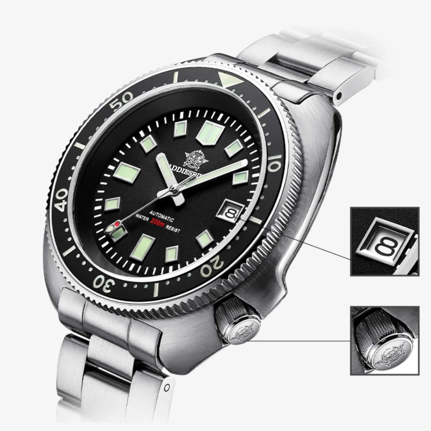 ADDIESDIVE Automatic Diver 200 M Mens Watch Luminescent Mechanical NH35A Analog Stainless Steel
