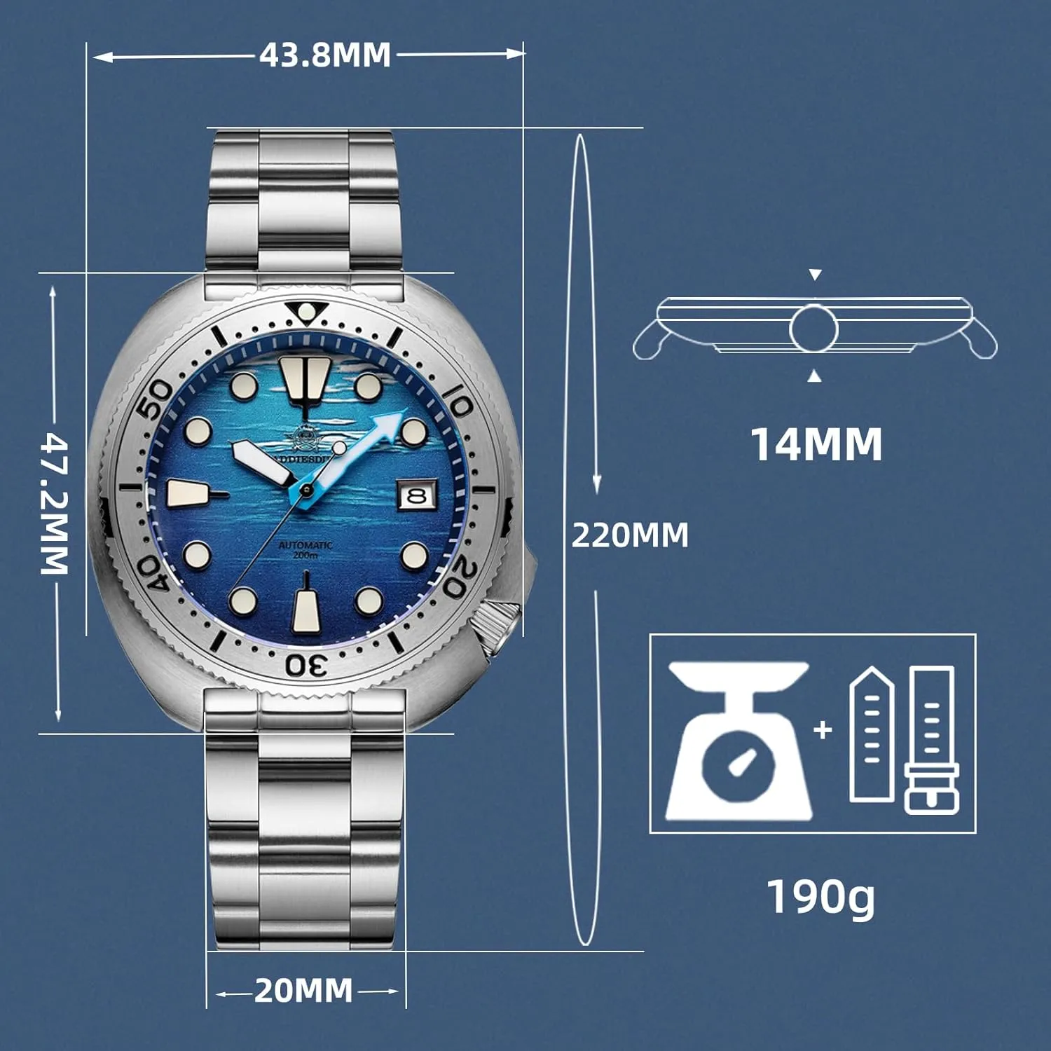 ADDIESDIVE Automatic Diver 200 M Mens Watch Luminescent Mechanical NH35A Analog Stainless Steel