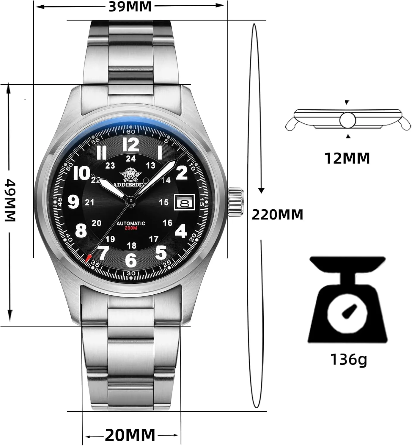 ADDIESDIVE Automatic Watches for Men Stainless Steel NH35A Movement Diver 200 M Luminescent Dial