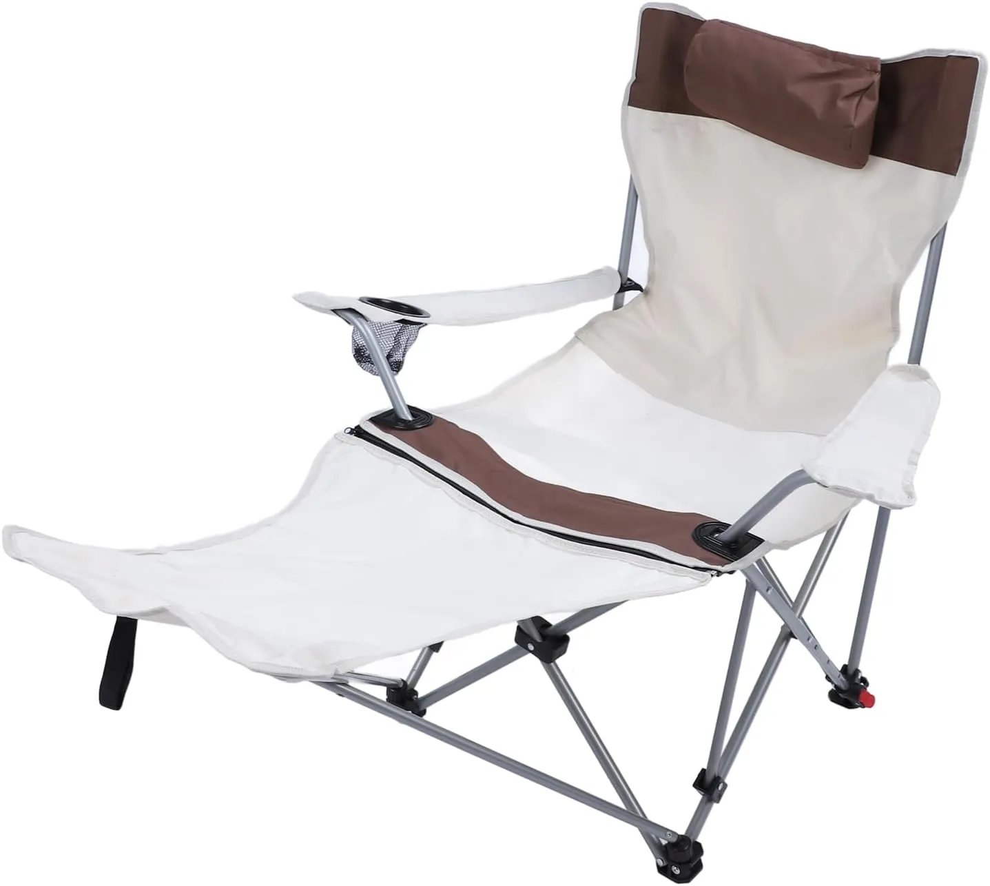 Adjustable 900D Oxford Camping Lounge Chair with Footrest Folding Outdoor Recliner Cup Holder Storage Bag for Picnics BBQs Beach (Khaki)