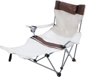Adjustable 900D Oxford Camping Lounge Chair with Footrest Folding Outdoor Recliner Cup Holder Storage Bag for Picnics BBQs Beach (Khaki)