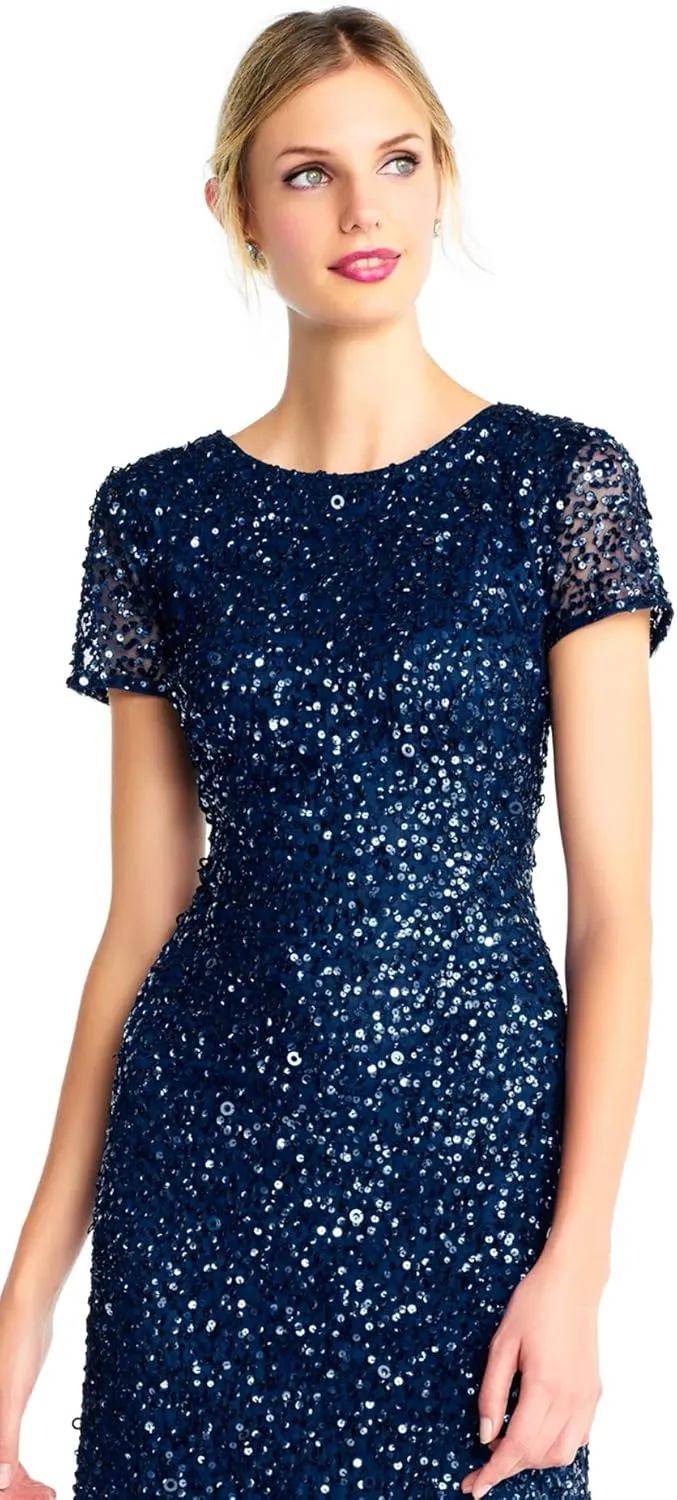 Adrianna Papell Women's Short-Sleeve All Over Sequin Gown