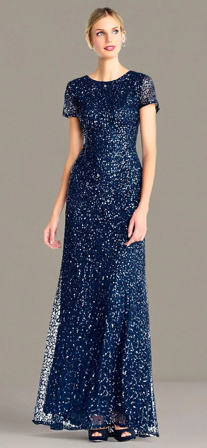 Adrianna Papell Women's Short-Sleeve All Over Sequin Gown