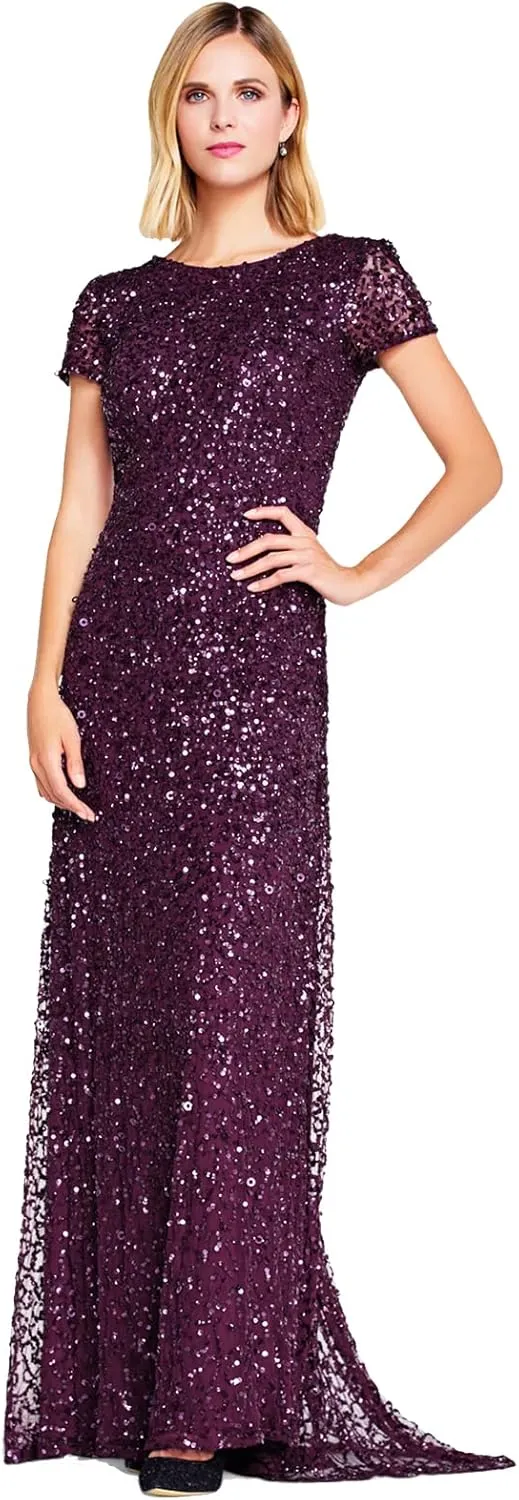 Adrianna Papell Women's Short-Sleeve All Over Sequin Gown