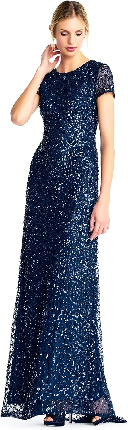 Adrianna Papell Women's Short-Sleeve All Over Sequin Gown