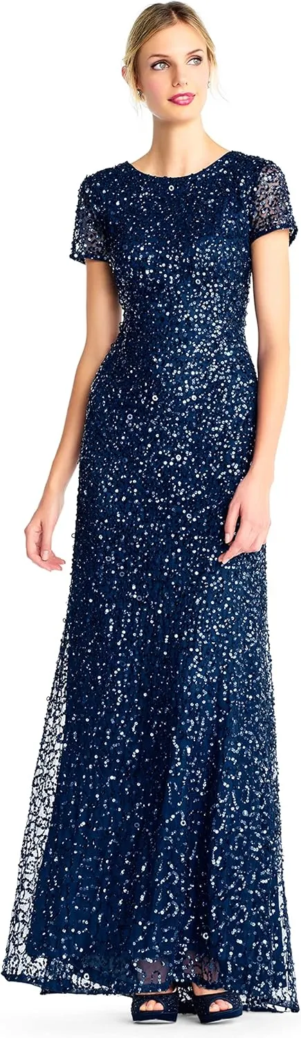 Adrianna Papell Women's Short-Sleeve All Over Sequin Gown
