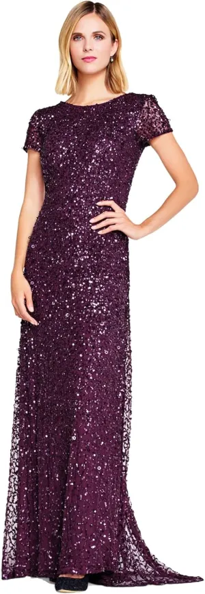 Adrianna Papell Women's Short-Sleeve All Over Sequin Gown