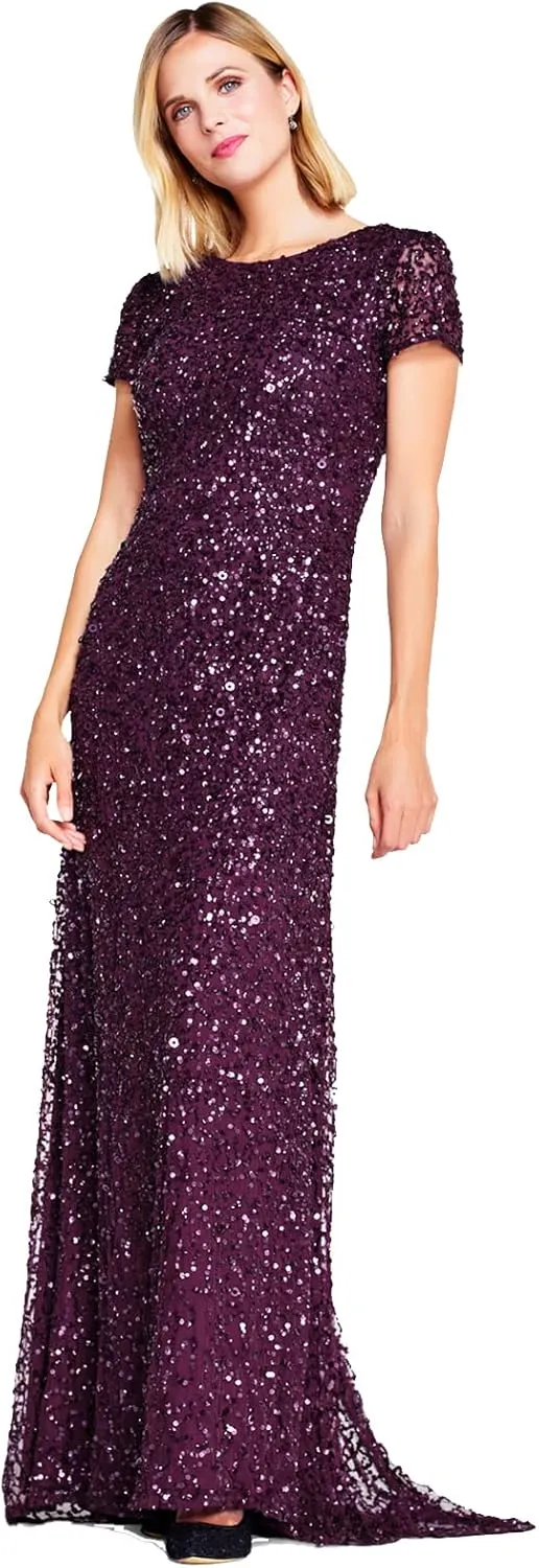 Adrianna Papell Women's Short-Sleeve All Over Sequin Gown