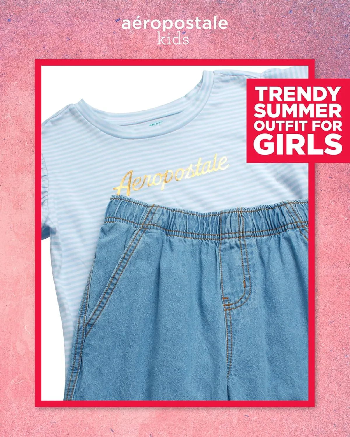 AEROPOSTALE Girls' Pants Set - 2 Piece All Over Print Graphic Tee and Denim Cargo Pants - Casual Outfit for Girls (7-12)