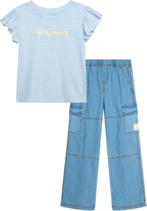AEROPOSTALE Girls' Pants Set - 2 Piece All Over Print Graphic Tee and Denim Cargo Pants - Casual Outfit for Girls (7-12)