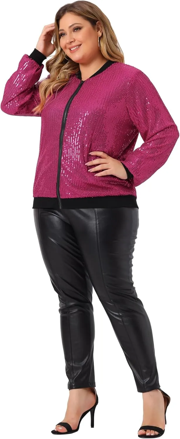 Agnes Orinda Plus Size Metallic Jacket for Women Sparkle Party 2024 Sequin Bomber Jackets