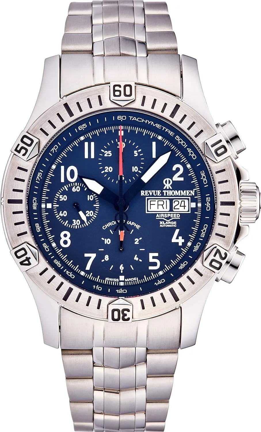 Airspeed Xlarge Automatic Chronograph Watch - 44mm Blue Face with Day, Date Tachymeter Scale and Divers Bezel - Stainless Steel Bracelet and Swiss Made Waterproof Diving Watch 16071.6125